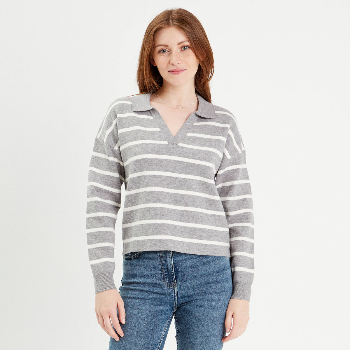 Pull manches longues col polo gris clair femme