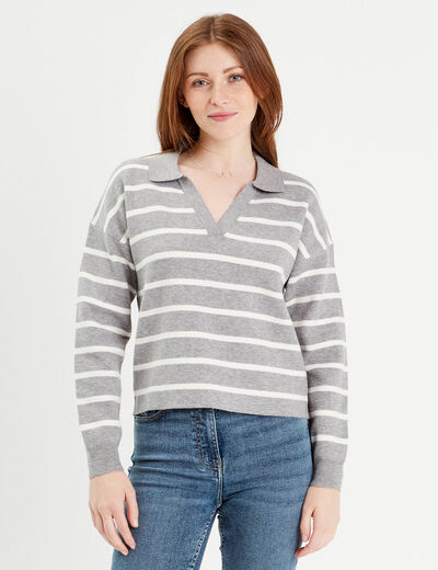 Pull manches longues col polo gris clair femme