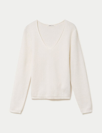 Pull col v manches longues ecru femme