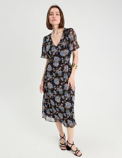 Robe midi évasée col en V noir femme
