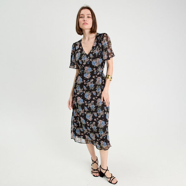 robe midi evasee col en v noir femme Robe midi évasée col en V noir femme