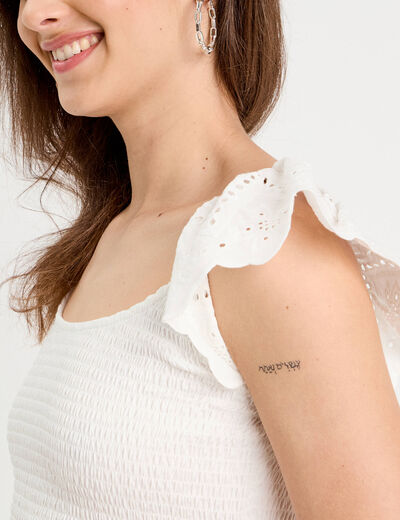 T-shirt smocké avec broderie blanc femme