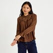 Blouse droite manches longues pliss&eacute;e marron femme