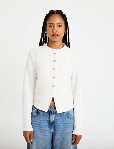 Gilet tweed droit cropped col rond ecru femme