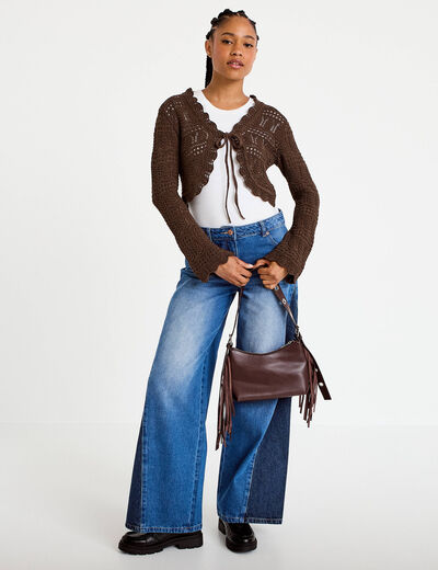 Gilet ajour&eacute; nou&eacute; marron fonc&eacute; femme