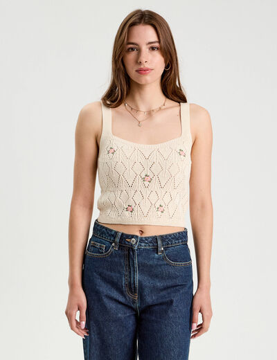 Débardeur tricot brodé ecru femme