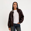 Bomber oversize similicuir col chemise marron fonc&eacute; femme