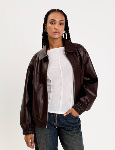 Bomber oversize similicuir col chemise marron fonc&eacute; femme