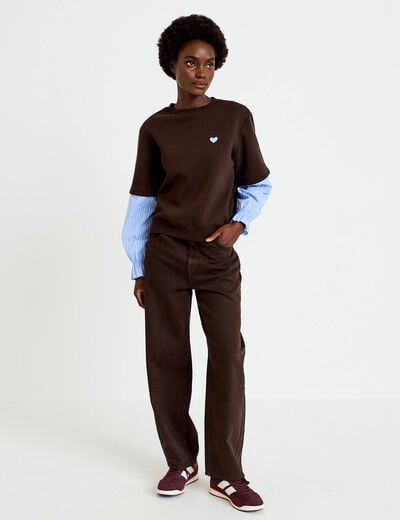 Sweat bi-mati&egrave;re manches longues marron fonc&eacute; femme
