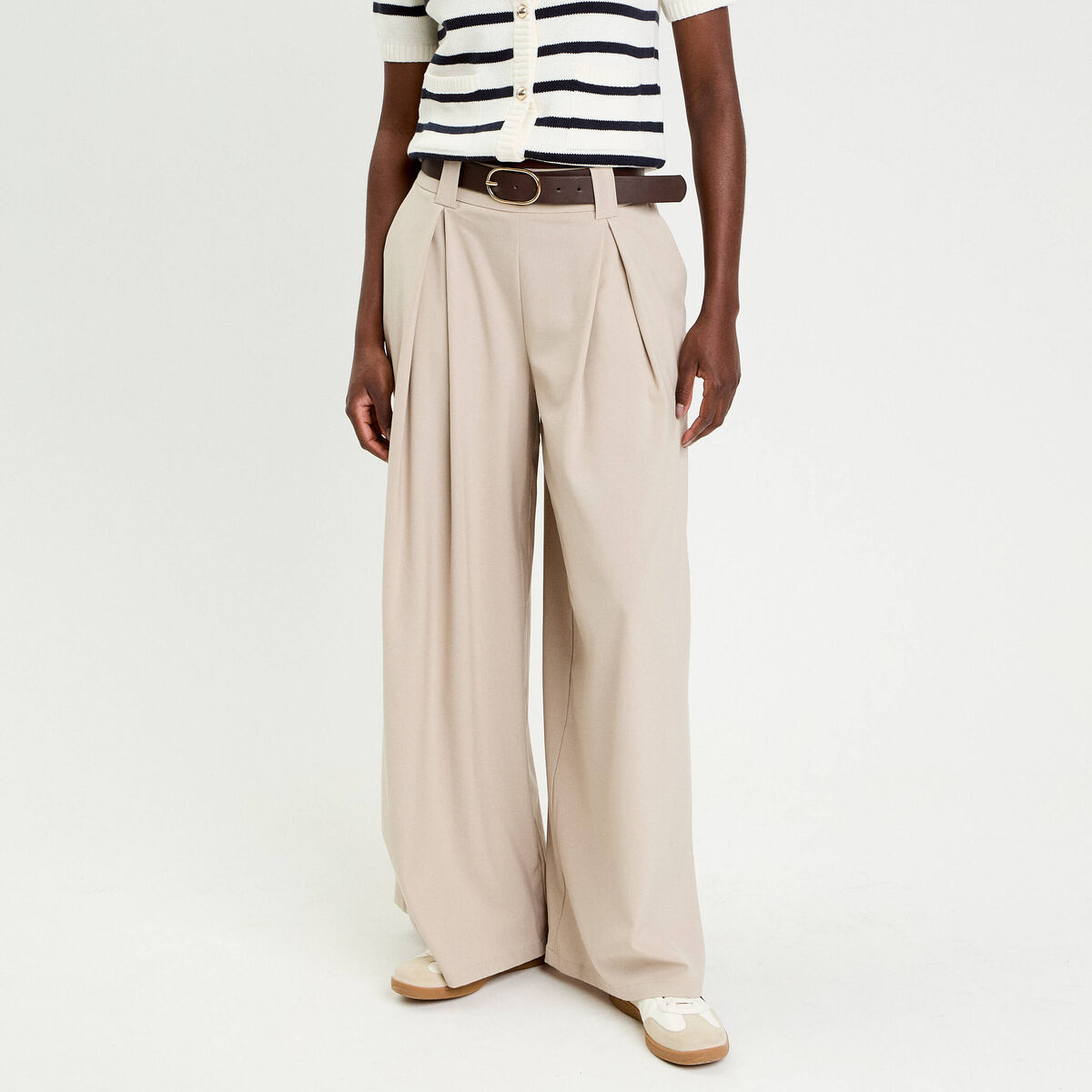Pantalon large avec ceinture beige femme