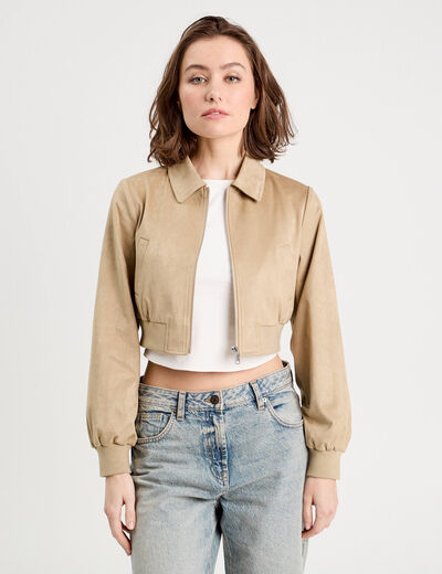 Veste courte zippée suédine beige femme