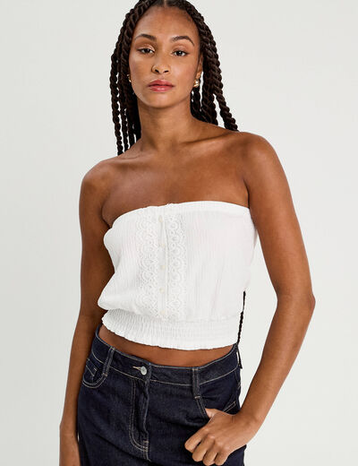 Bustier cropped smocké ecru femme