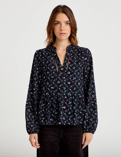 Chemise col v manches longues noir femme