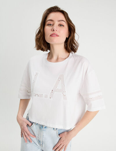 T-shirt cropped brodé blanc femme