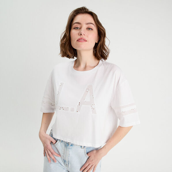 T-shirt cropped brodé blanc femme