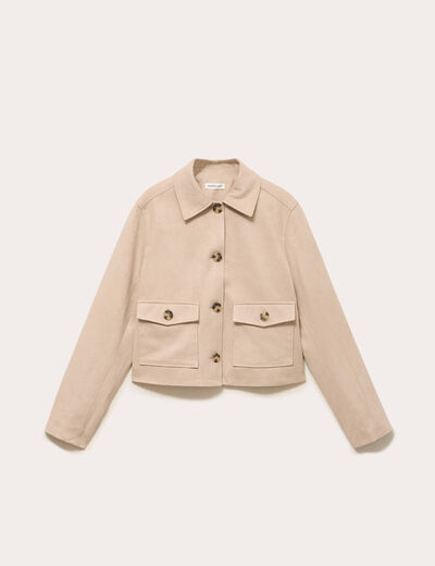 Veste droite cropped aspect daim beige femme