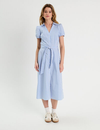 Robe chemise longue ceinturée bleu foncé femme
