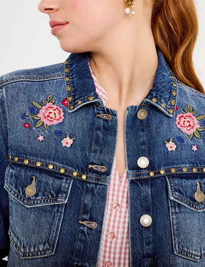 Veste en jean broderie d&eacute;tails clout&eacute;s denim double stone femme