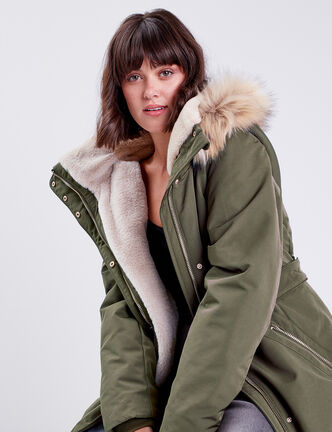 Parka droite avec capuche vert kaki femme