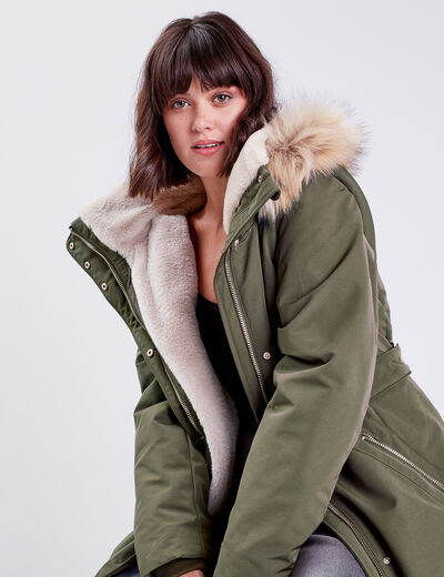 Parka droite avec capuche vert kaki femme