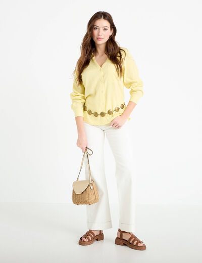 Chemise lin col V manches longues jaune pastel femme