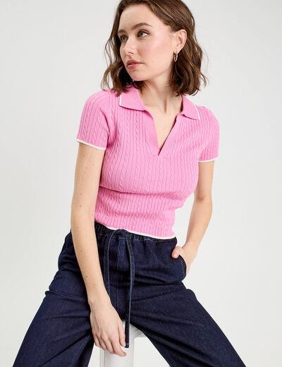 Top col polo manches courtes rose femme