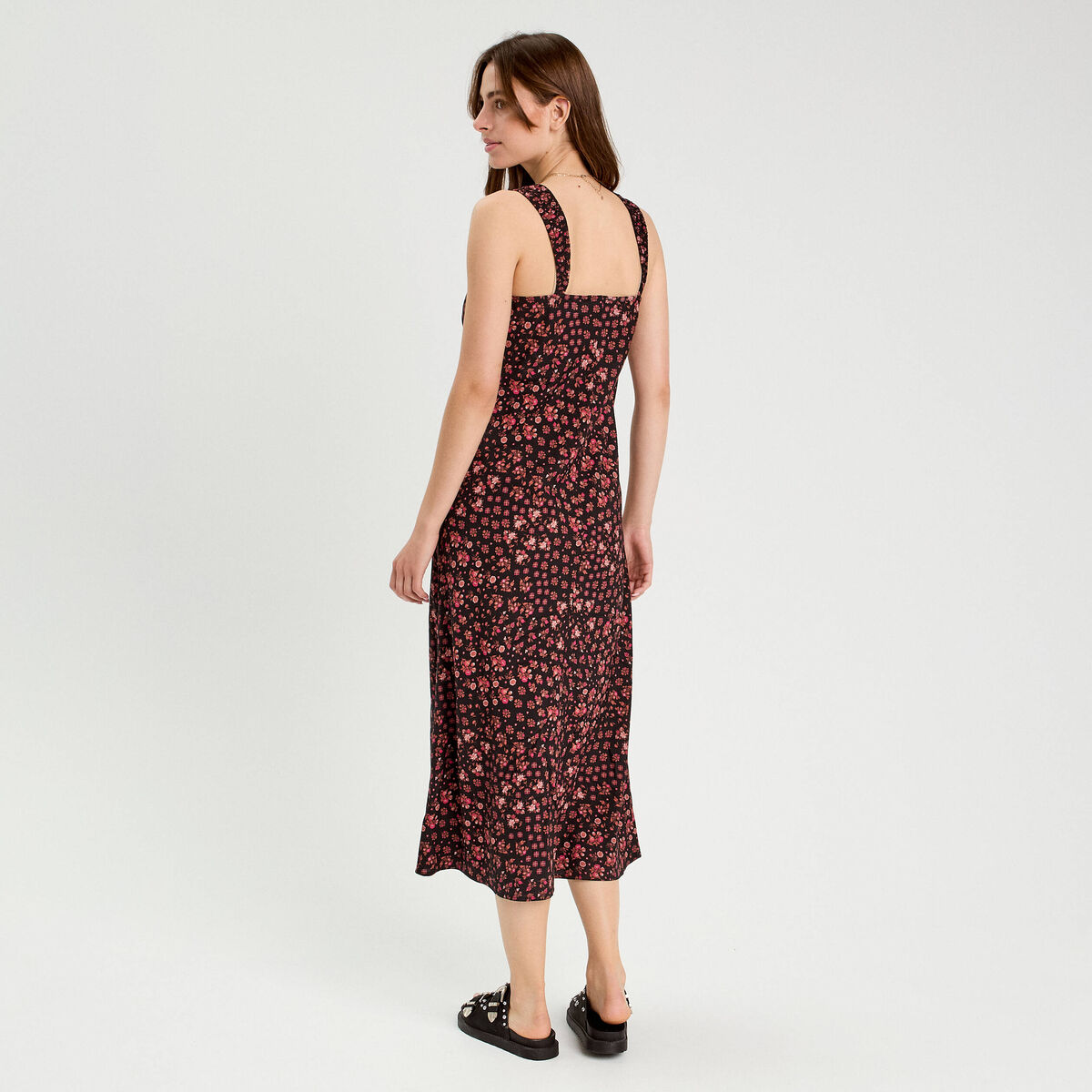 Robe longue évasée rouge corail femme