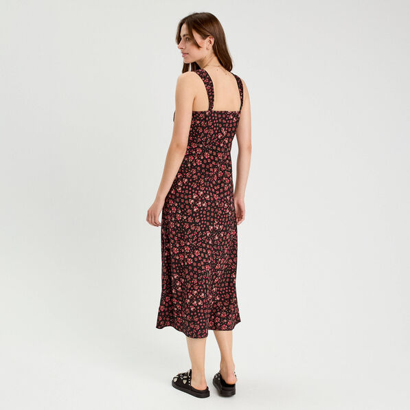 Robe longue évasée rouge corail femme