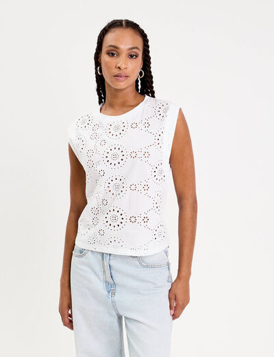 T-shirt sans manches brodé blanc femme