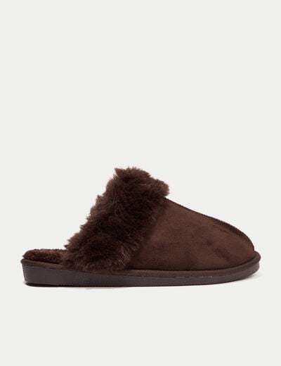 Chaussons fausse fourrure marron fonc&eacute; femme