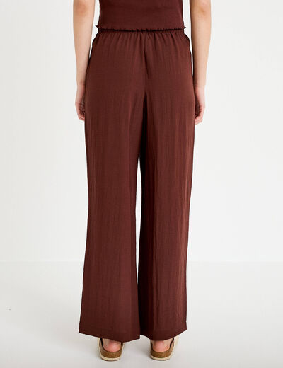 Pantalon large taille haute en cr&ecirc;pe marron femme