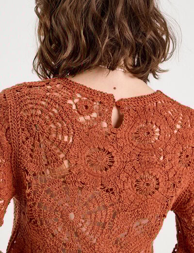 Pull ajouré effet crochet terracotta femme