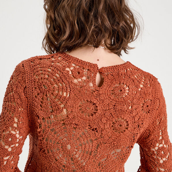 Pull ajouré effet crochet terracotta femme