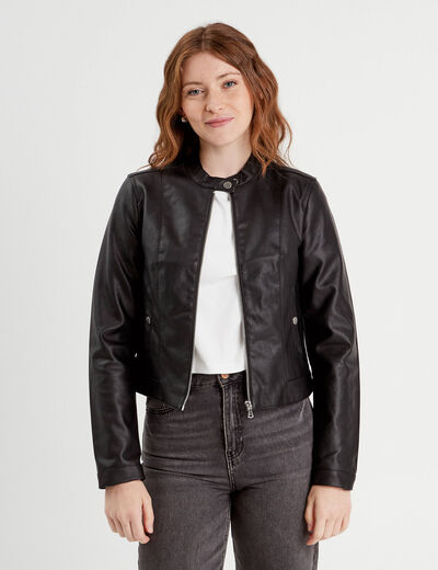 Veste courte simili cuir noir femme
