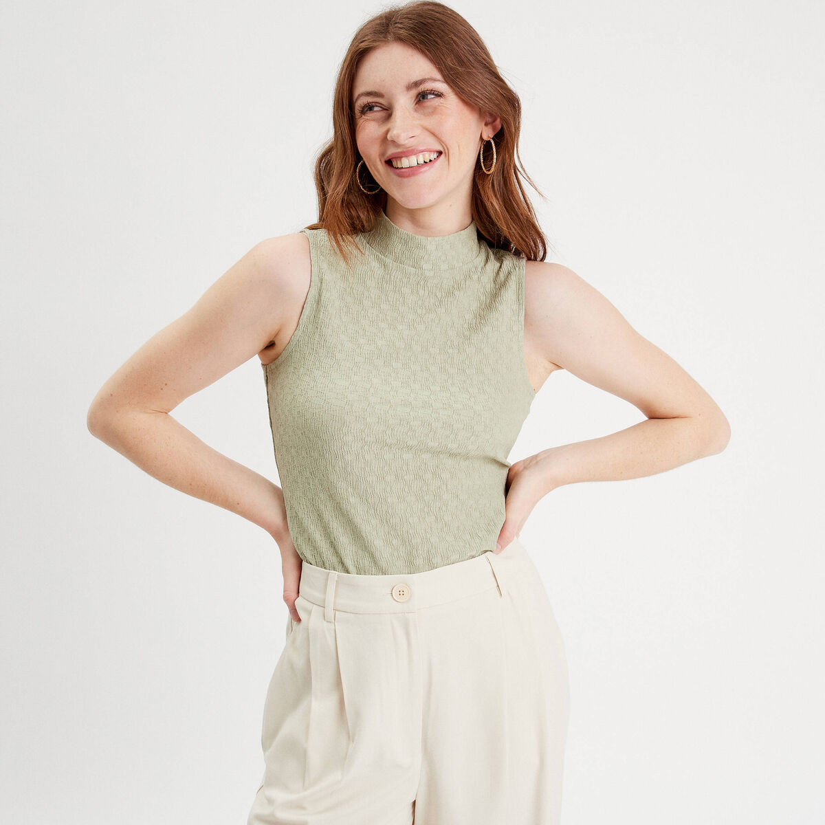 Débardeur col montant vert kaki femme