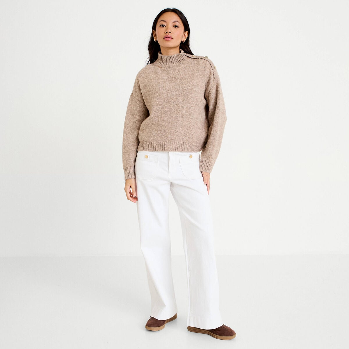 Pull col montant manches longues taupe femme
