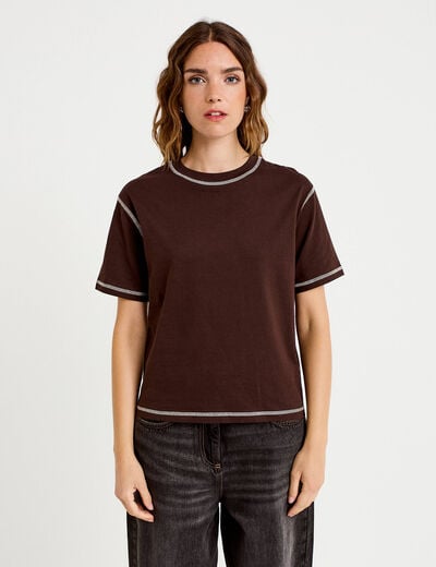 Top col rond manches courtes marron fonc&eacute; femme