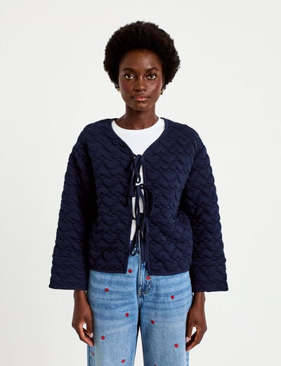 Gilet droit col v manches longues bleu marine femme