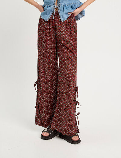 Pantalon large avec noeuds marron cognac femme