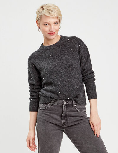 Pull col rond avec perles gris foncé femme