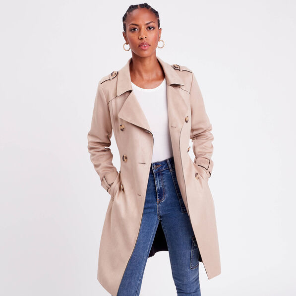 Trench long en suédine boutonné femme beige femme