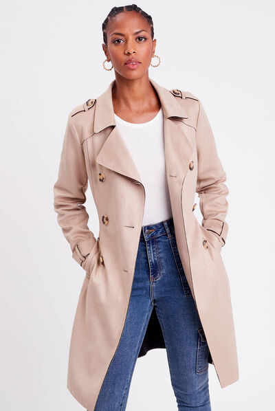 Trench long en suédine boutonné femme beige femme