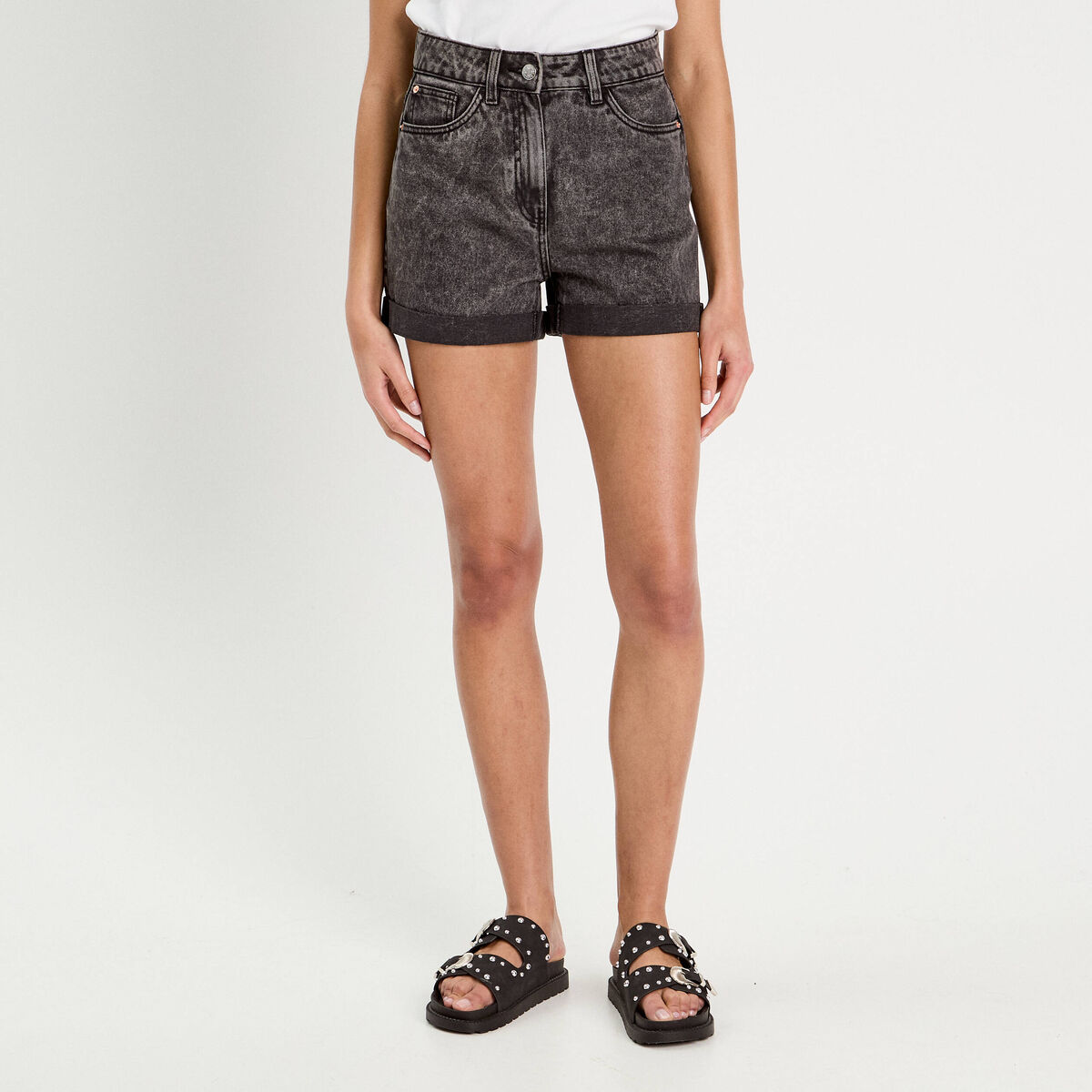 Short mom taille haute en jean denim noir femme