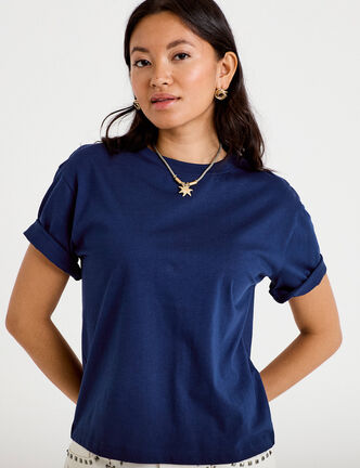 T-shirt col rond manches courtes bleu fonc&eacute; femme