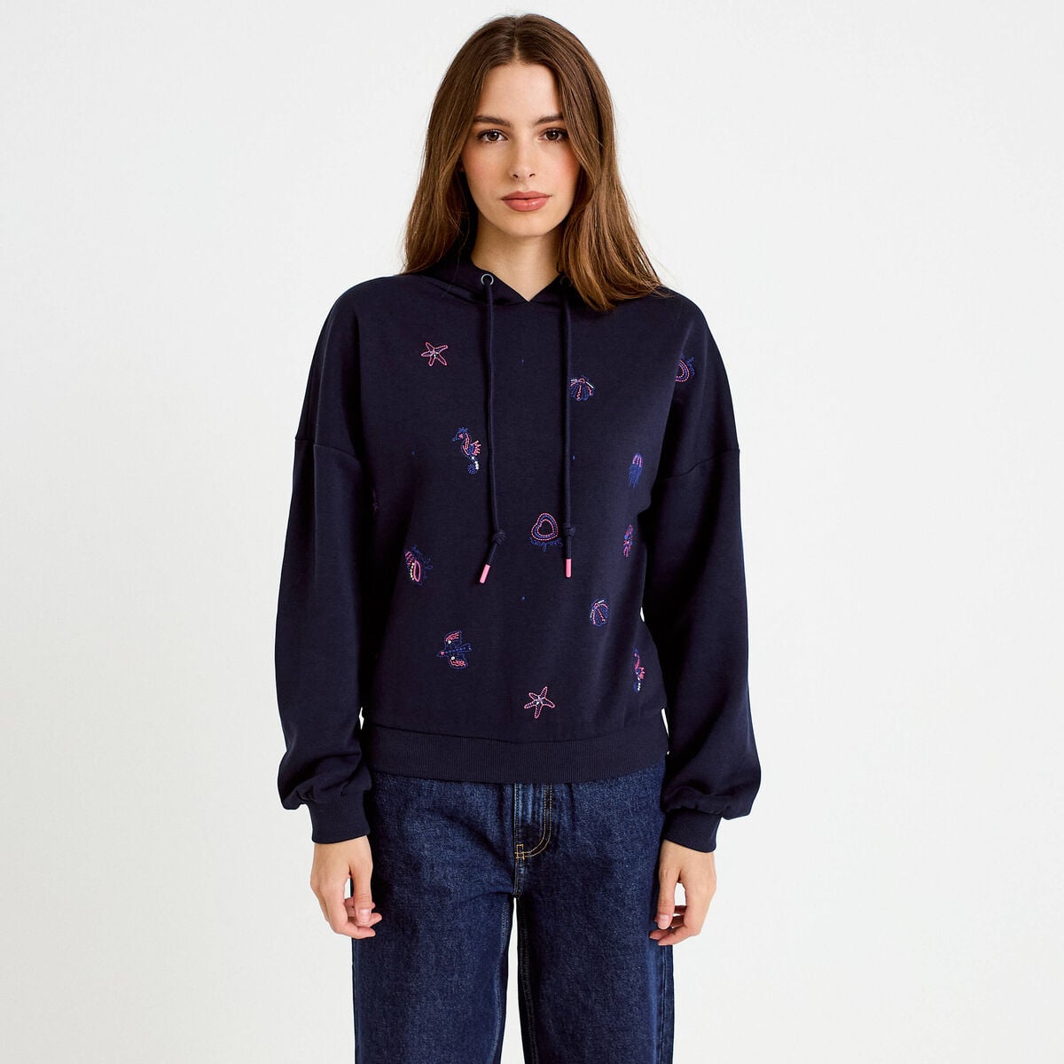 Sweat &agrave; capuche brod&eacute; manches longues bleu femme
