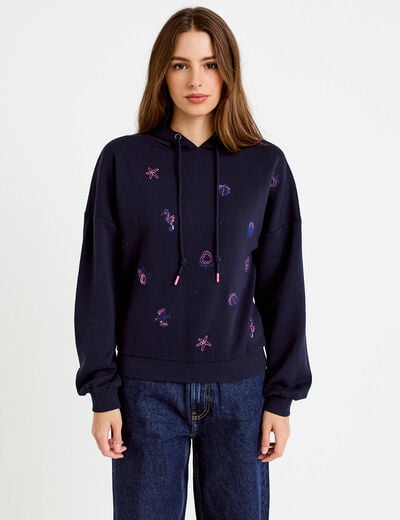 Sweat &agrave; capuche brod&eacute; manches longues bleu femme