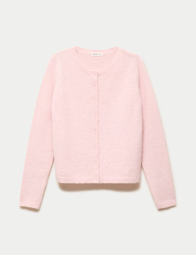 Gilet col rond manches longues rose clair femme