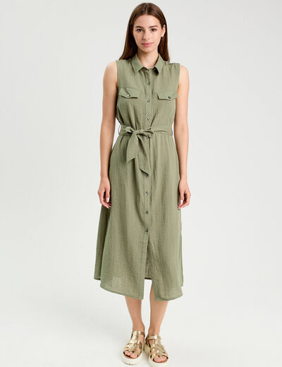 Robe longue évasée boutonnée vert kaki femme