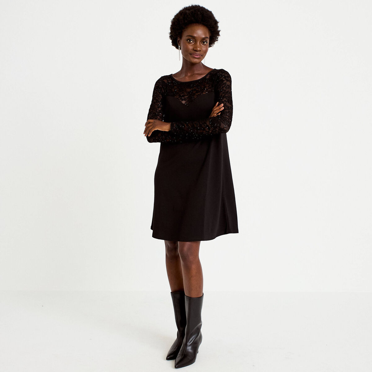 Robe bi-mati&egrave;re courte col rond noir femme