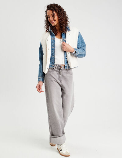 Gilet zippé mailles duveteuses ecru femme
